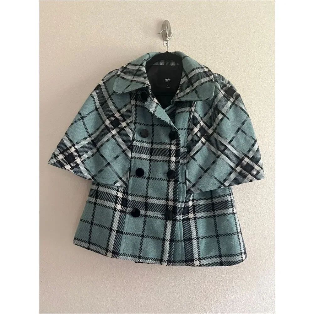 Wool Plaid Cape Coat Womens Large Aqua Blue Double Breasted Peacoat Y2K